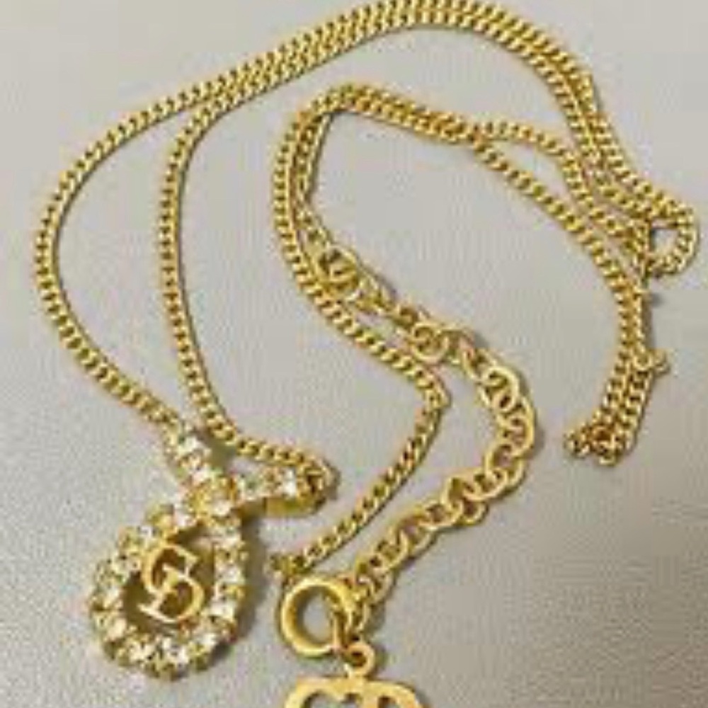 Dior Gold Crystal Teardrop Logo Necklace